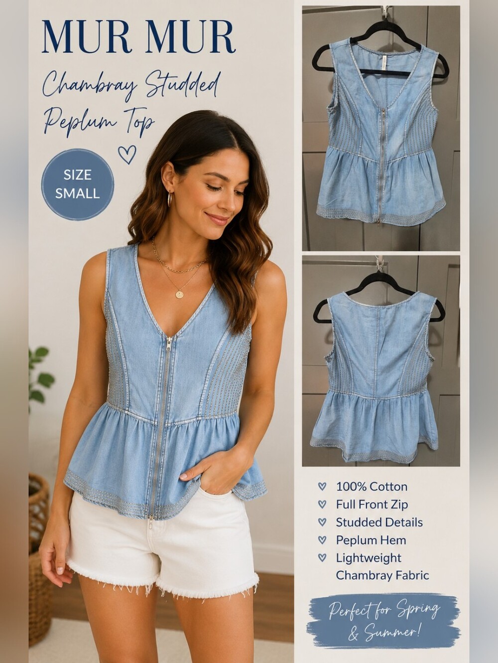 MUR MUR Chambray Studded Peplum Top Zip Front Sleeveless Size Small